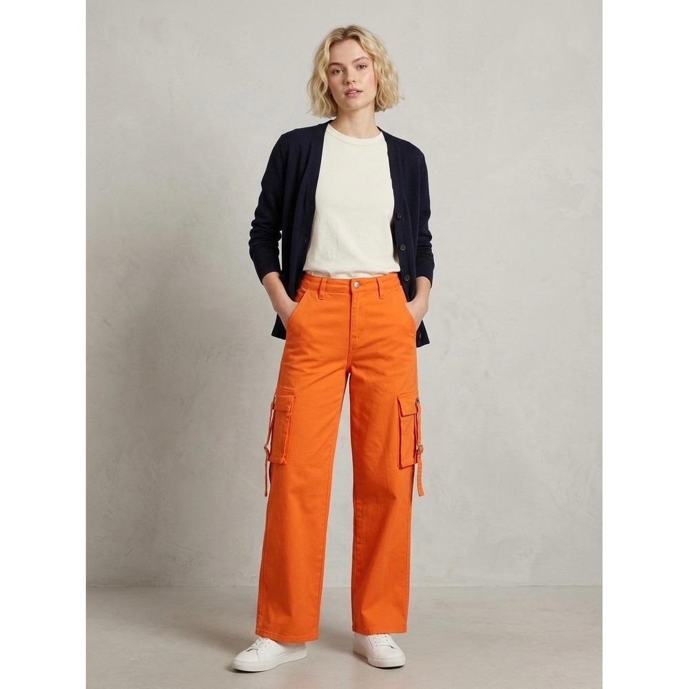 American Bazi Orange Cargo Wide Leg Pants High Rise Utility Grommet Straps Small